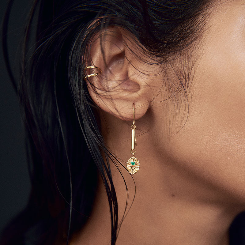 Scarab Earring, Green Onyx, Gold