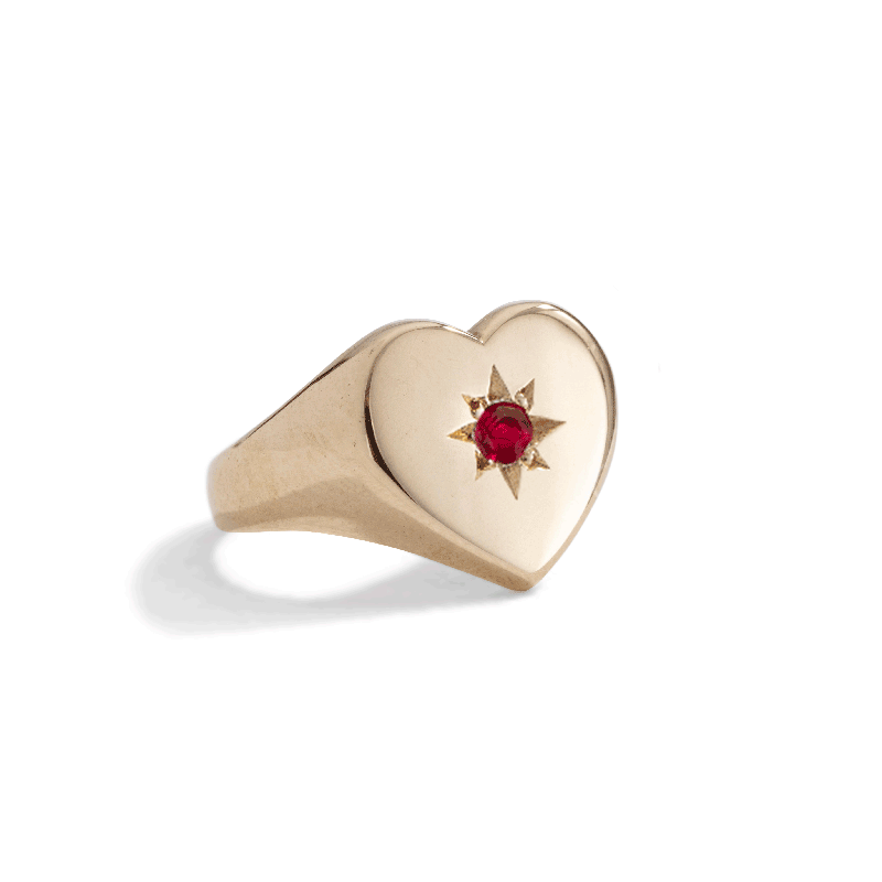 Heart Signet Ring, Ruby, 9kt Yellow Gold
