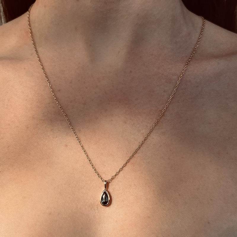Droplet Pendant, Teal Sapphire, 9kt Yellow Gold