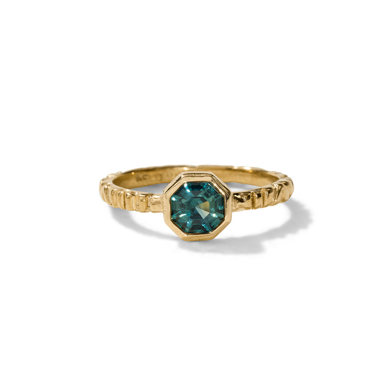 Linea Ring, Hexagonal Teal Sapphire, 9kt Yellow Gold