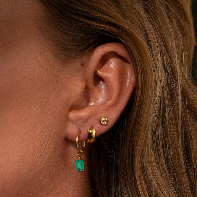 Baguette Mini Hoop, Green Onyx, Gold