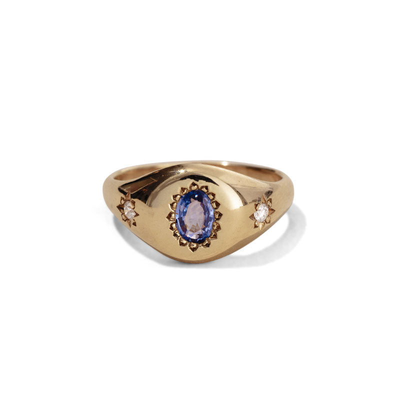 Signet Ring, Blue Sapphire & Diamond, 9kt Yellow Gold