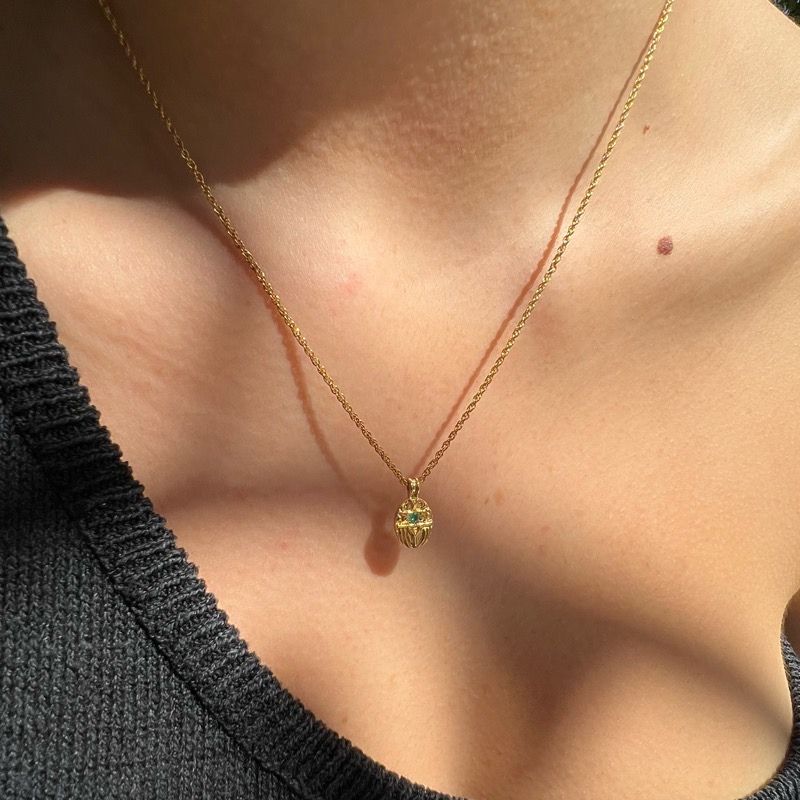 Scarab Necklace, Green Onyx, Gold
