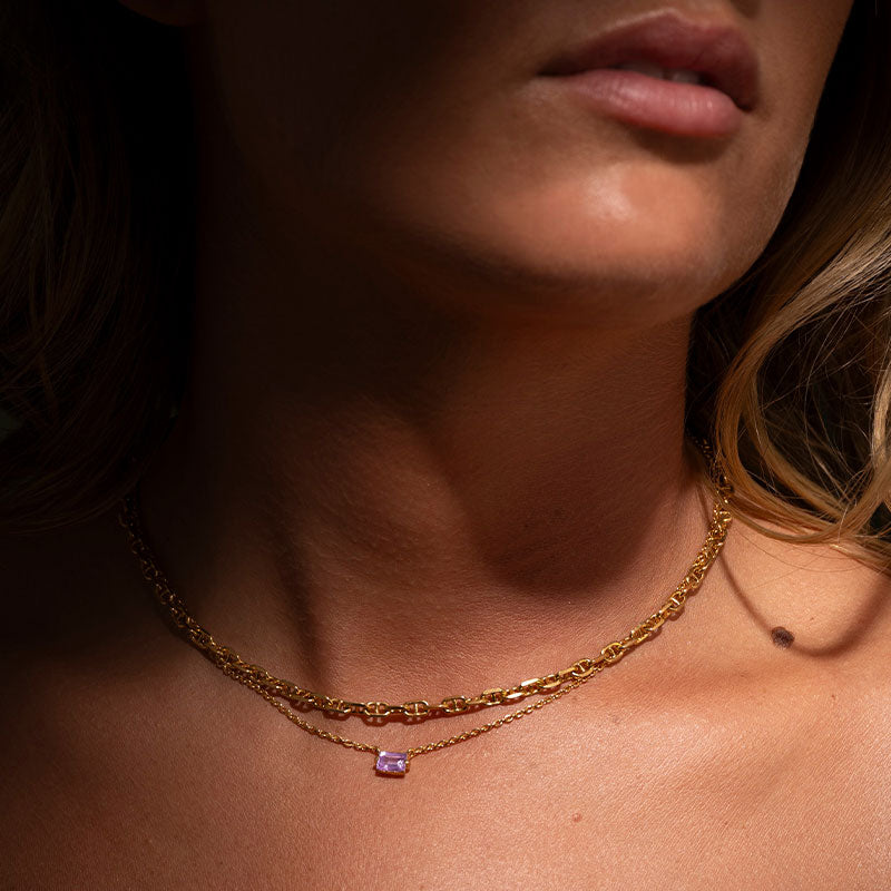 Baguette Mini Necklace, Amethyst, Gold