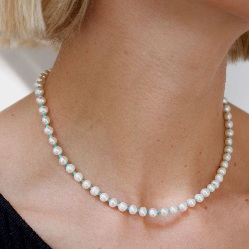 Thalassa Necklace, Turquoise & Freshwater Pearl, Silver