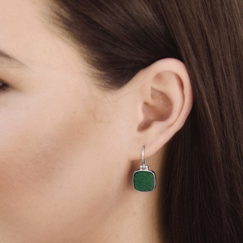 Cushion Earring, Green Aventurine, Silver