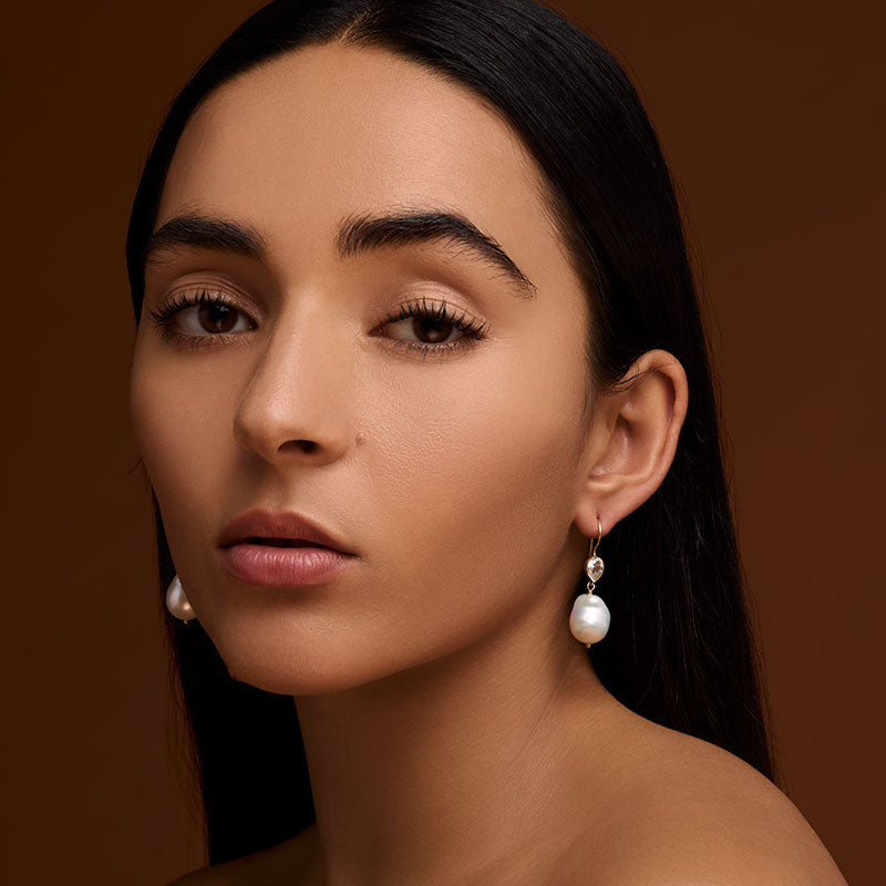 Ava Earring, Baroque Pearl, White Topaz, Gold