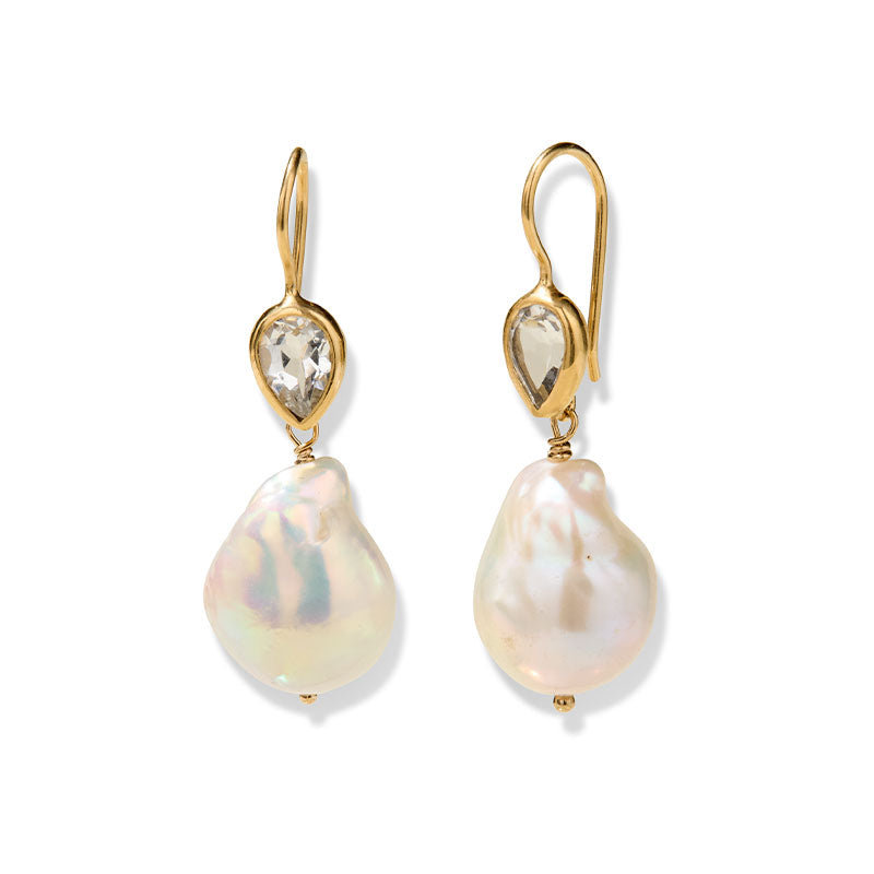 Ava Earring, Baroque Pearl, White Topaz, Gold