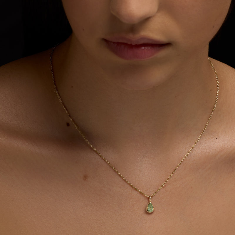 Droplet Necklace, Light Green Tourmaline, 9kt Yellow Gold