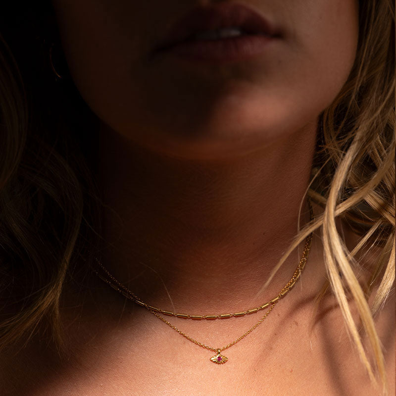 Evil Eye Necklace, Ruby, 9kt Yellow Gold