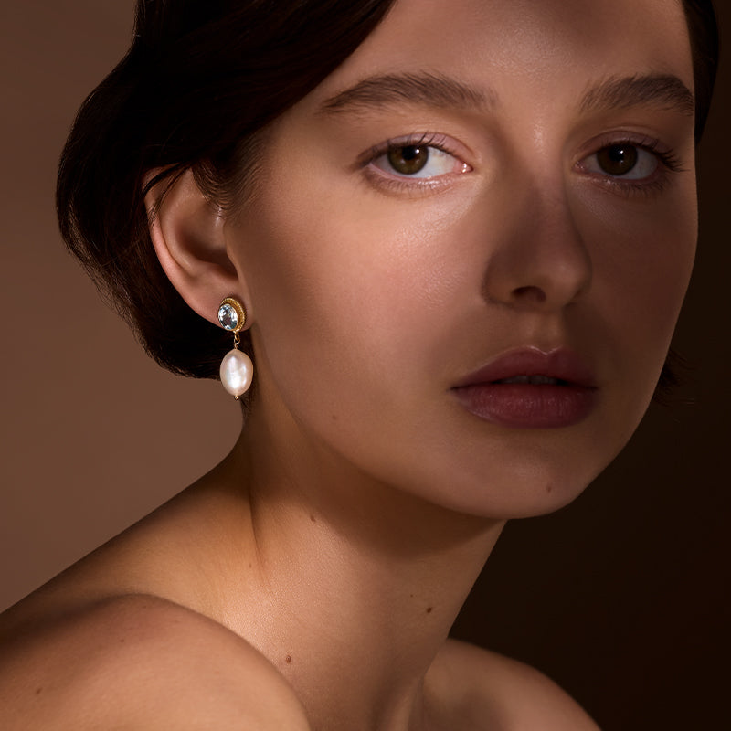 Galene Stud, Blue Topaz & Pearl, Gold
