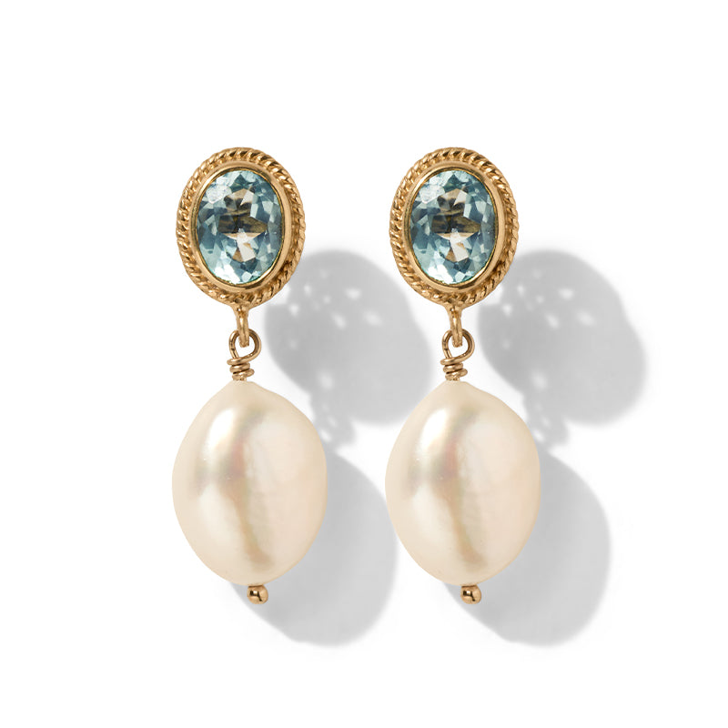 Galene Stud, Blue Topaz & Pearl, Gold
