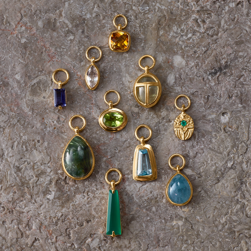 Scarab Amulet Charm, Prehnite, Gold