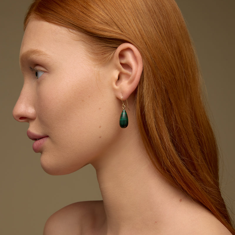 Freya Earring, Malachite, 9kt Yellow Gold