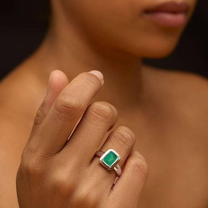 Petra Ring, Green Onyx, Silver
