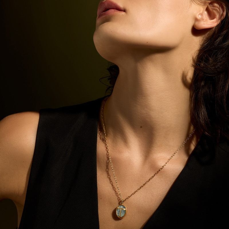 Scarab Amulet, Large, Aquamarine, Gold