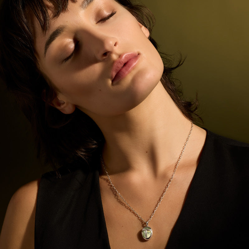 Scarab Amulet, Large, Prehnite, Silver