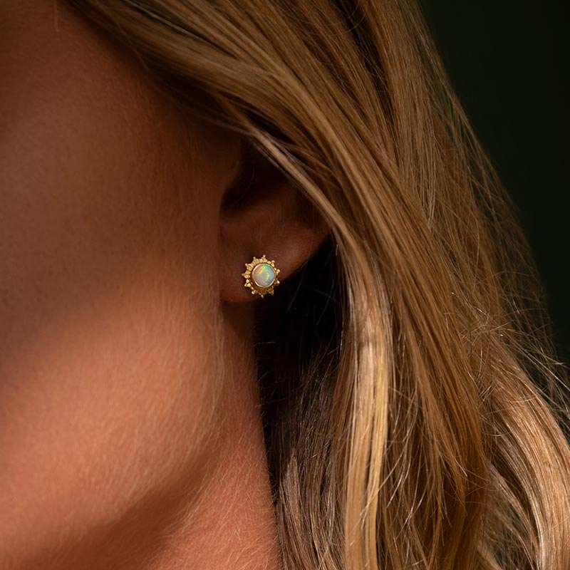 Soleil Stud, White Opal, 9kt Yellow Gold