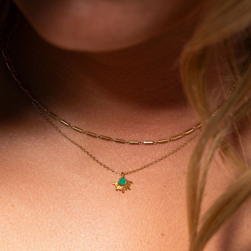 Sunray Necklace, Emerald, 9kt Yellow Gold