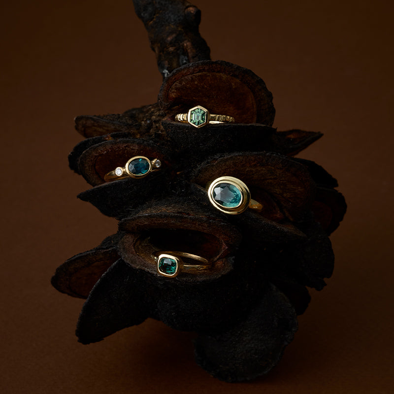 Minerva Ring, Teal Sapphire, 9kt Yellow Gold