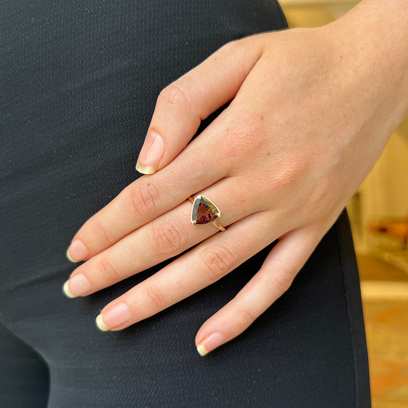 Trigon Ring, Bi-colour Tourmaline, 9kt Yellow Gold