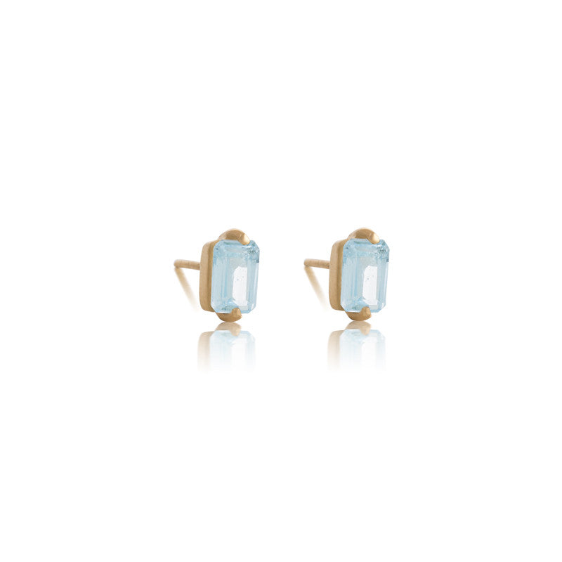 Baguette Mini Stud, Blue Topaz, 9kt Yellow Gold