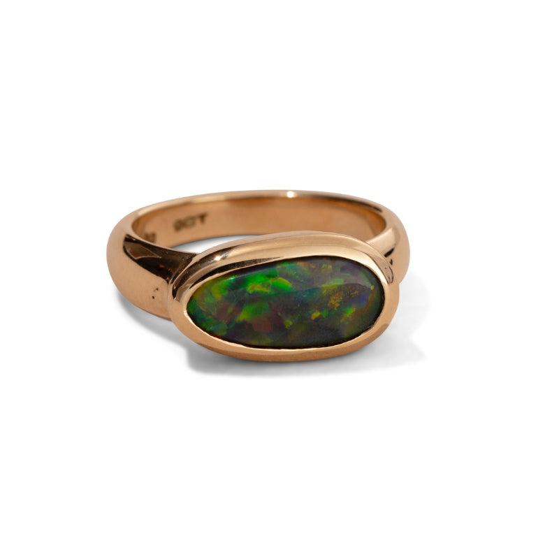Ellipse Black Opal Chunky Asymmetric Ring in 9kt Yellow Gold