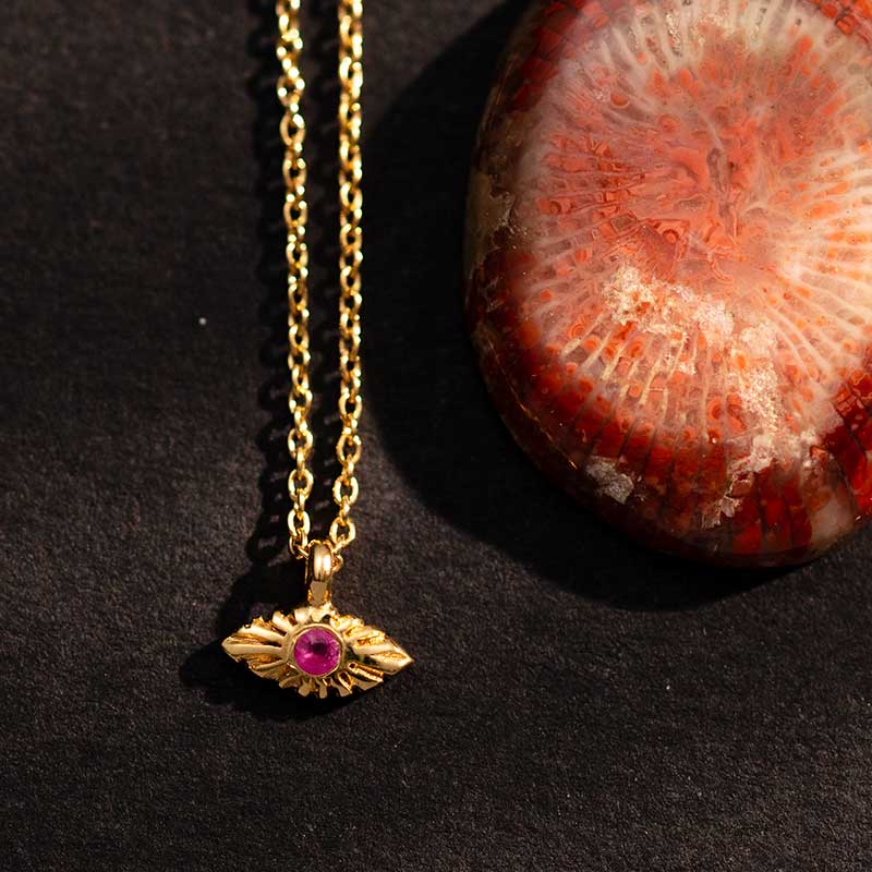 Evil Eye Necklace, Ruby, 9kt Yellow Gold