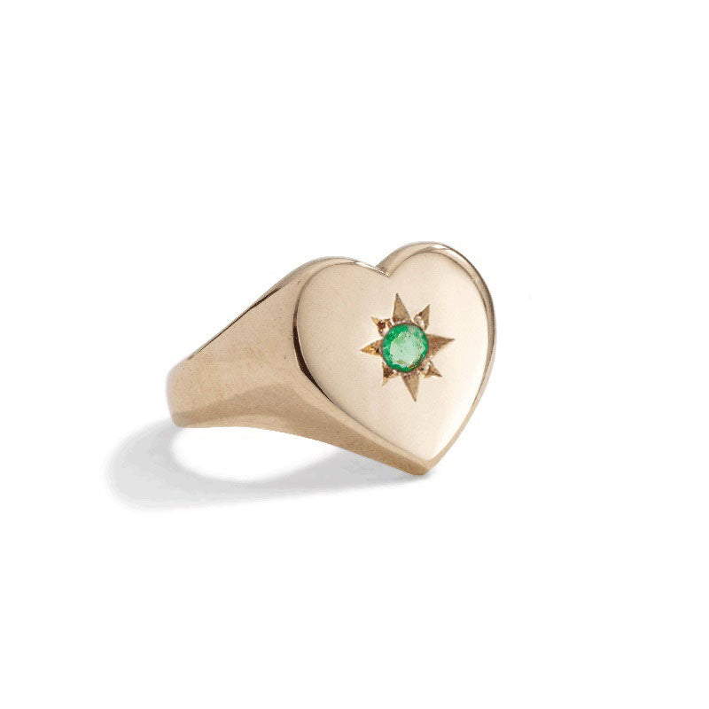 Heart Signet Ring, Emerald, 9kt Yellow Gold