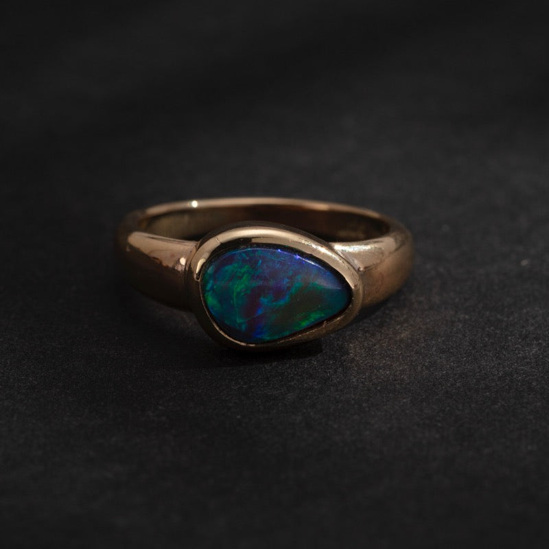 Ellipse Asymmetric Ring, Black Opal, 9kt Yellow Gold