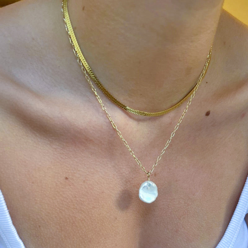 Keshi Pearl Necklace, Elongated Chain, 9kt Yellow Gold