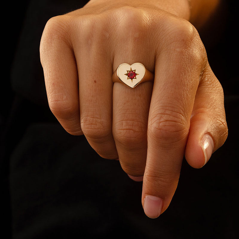 Heart Signet Ring, Ruby, 9kt Yellow Gold