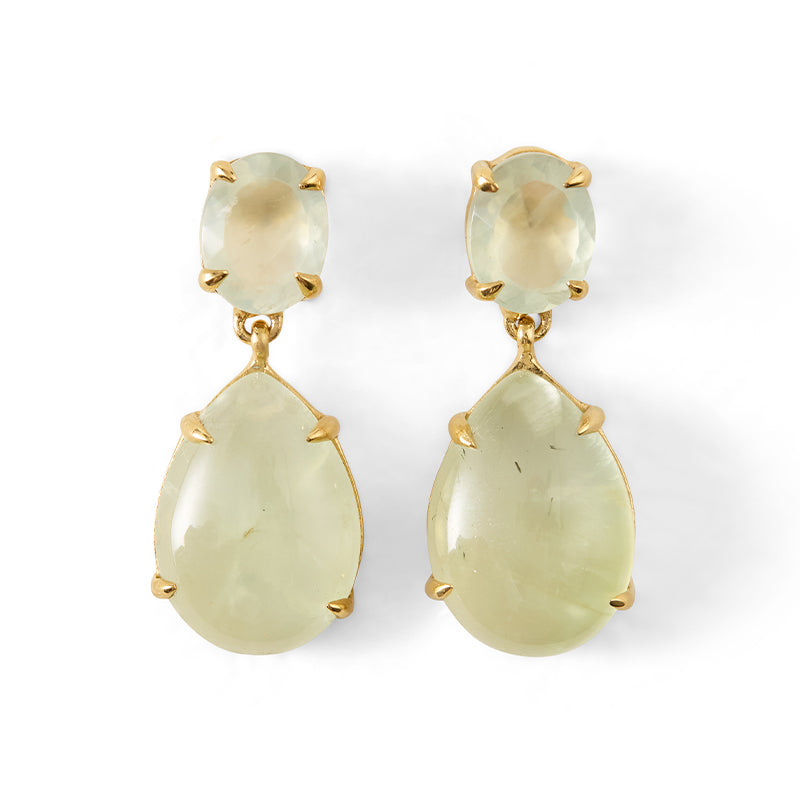Agatha Stud, Prehnite, Gold - 18kt gold vermeil stud double drop earrings, featuring a teardrop cabochon prehnite gemstone suspended from an oval faceted prehnite gemstone, both set in a four claw setting.