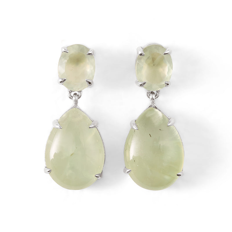 Agatha Stud, Prehnite, Silver - .925 sterling silver stud double drop earrings, featuring a teardrop cabochon prehnite gemstone suspended from an oval faceted prehnite gemstone, both set in a four claw setting.