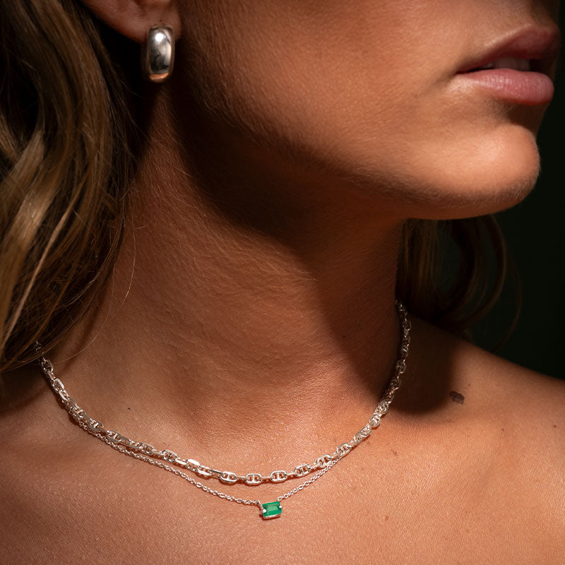Baguette Mini Necklace, Green Onyx, Silver
