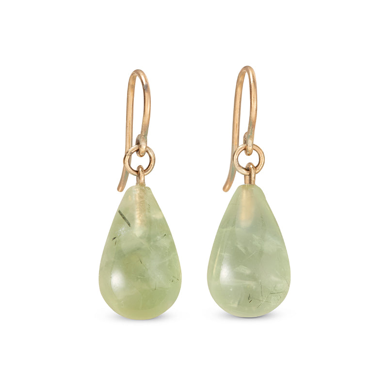 Freya Prehnite Earring, 9kt Yellow Gold - 9kt solid yellow gold hook earrings, featuring a suspended prehnite drop gemstone. 
