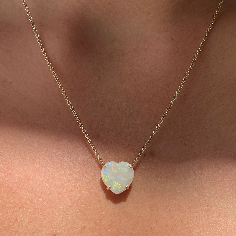 Opal Heart Necklace, White Opal, 9kt Yellow Gold