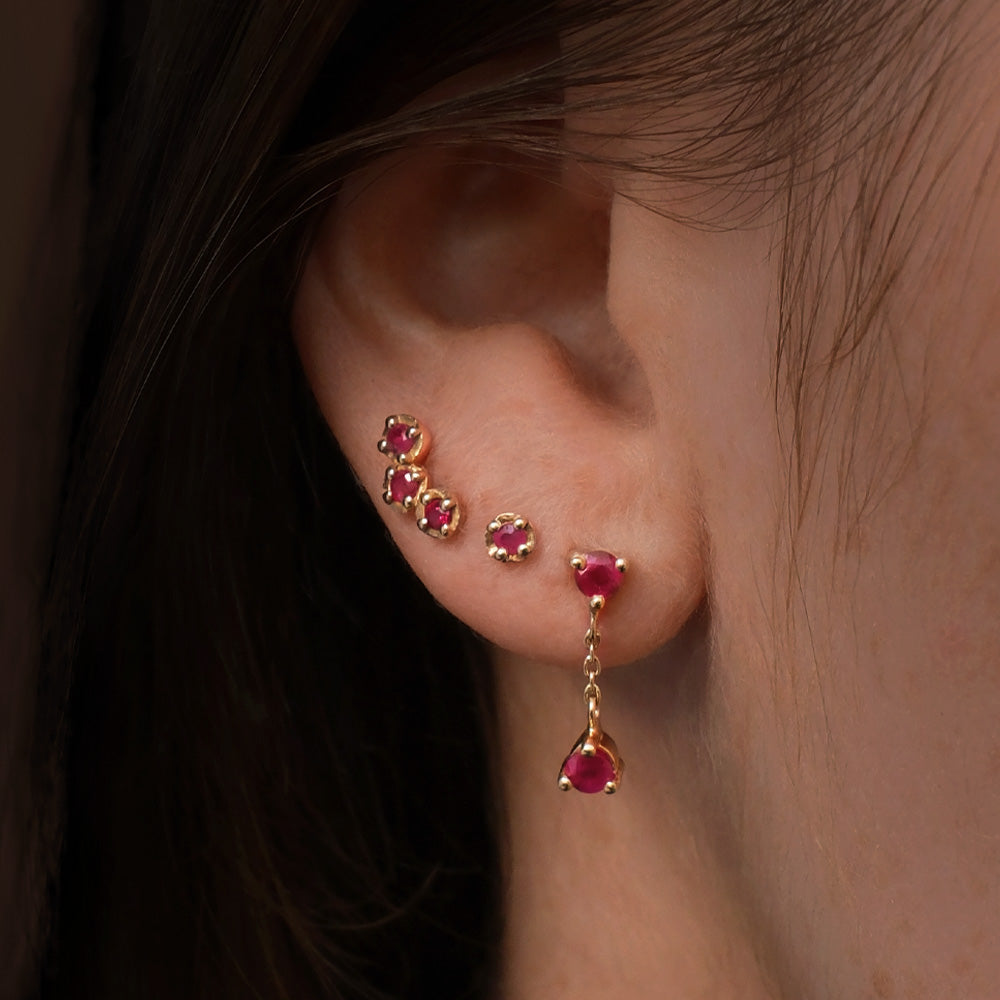 Tiny Duo Stud, Ruby, 9kt Yellow Gold