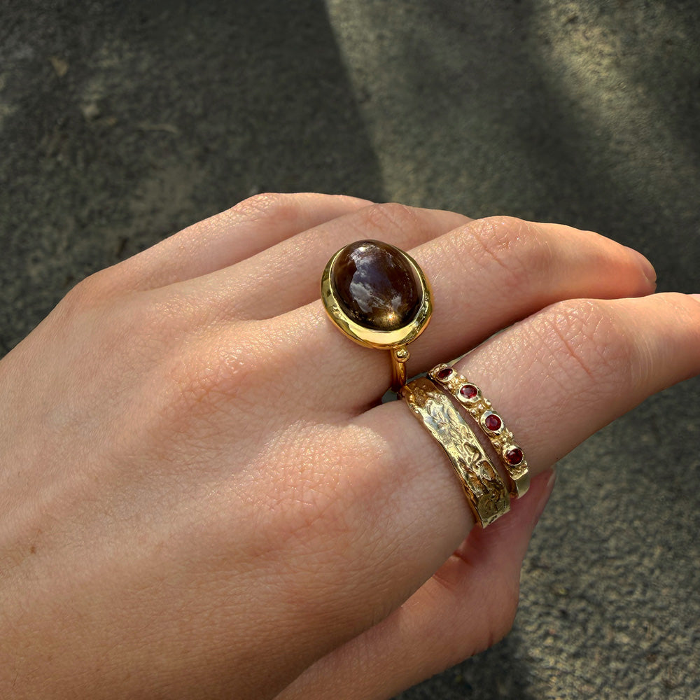 Smokey Brown Quartz Ring styled with Relic Garnet Band. 18kt gold vermeil ring stack