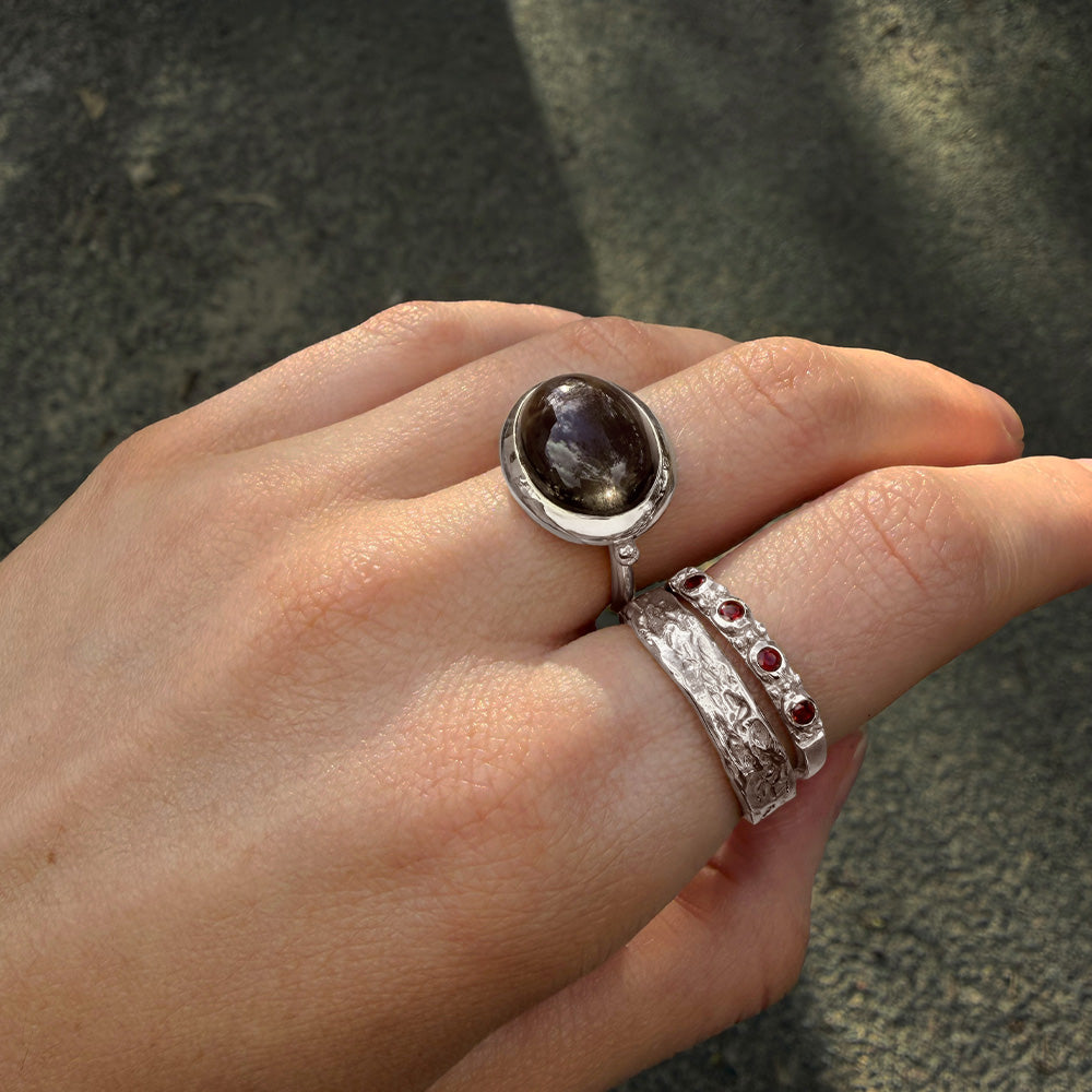 Smokey Brown Quartz Ring styled with Relic Garnet Band. .925 sterling silver ring stack