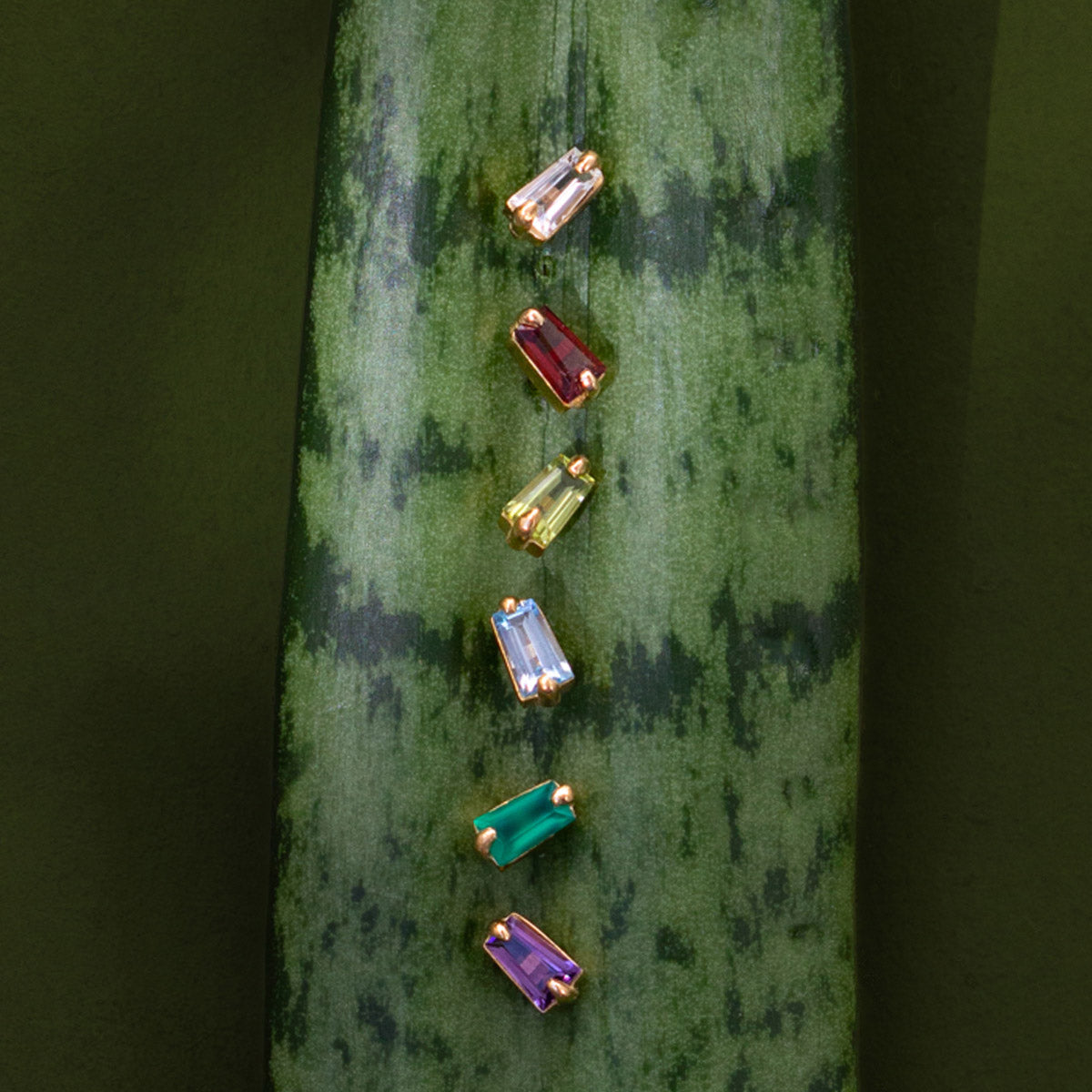 Multicoloured gemstone stud earrings on a leaf creative
