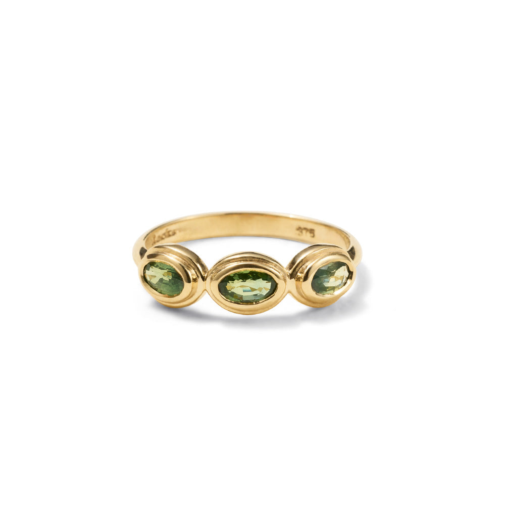 Trilogy Ring, Green Sapphire, 9kt Yellow Gold