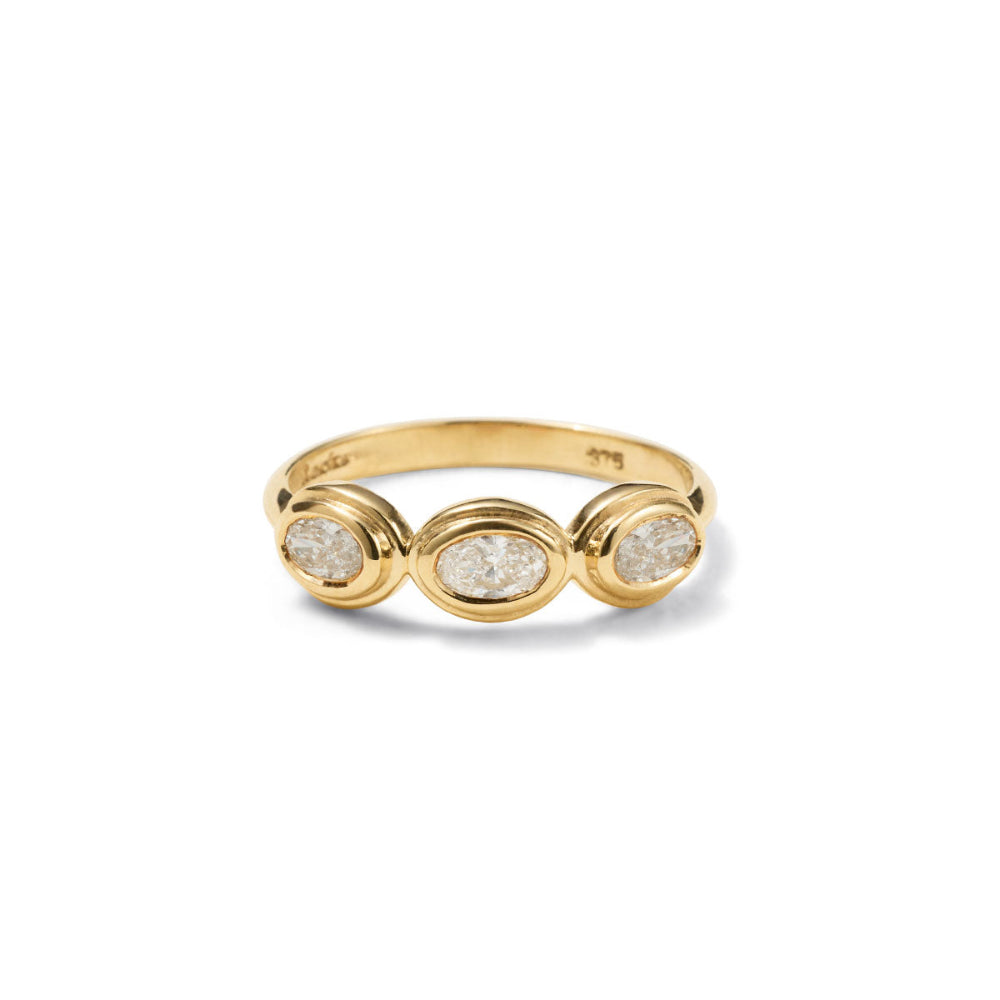 solid yellow gold ring with three oval cut lab grown diamonds