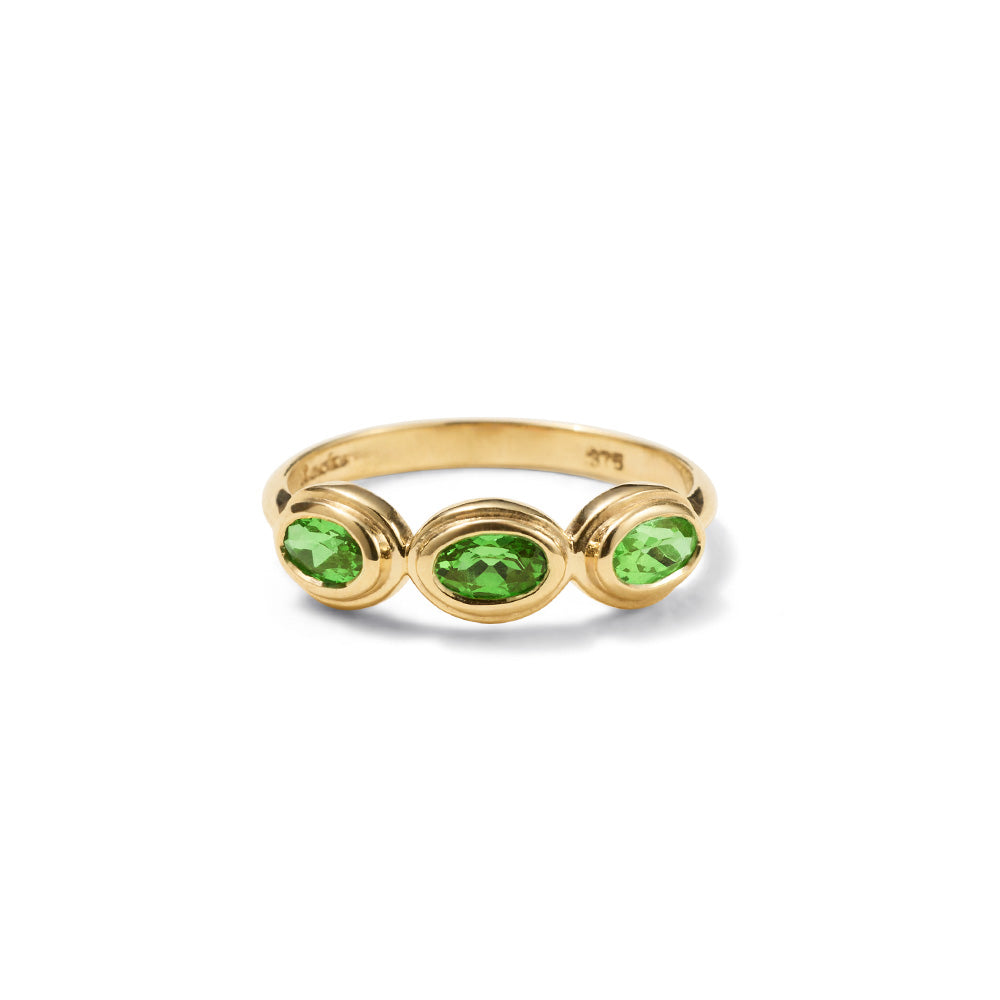 Trilogy Ring, Tsavorite Garnet, 9kt Yellow Gold