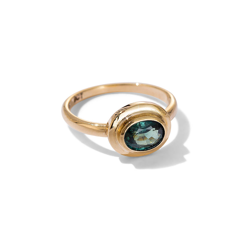 Greco Ring, Teal Sapphire, 9kt Yellow Gold