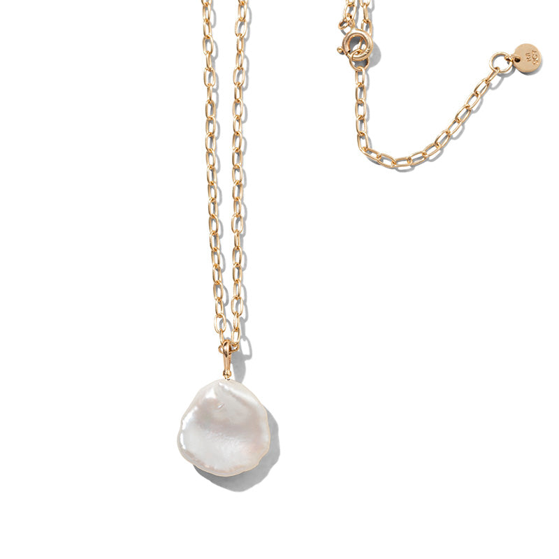 Keshi Pearl Necklace, Elongated Chain, 9kt Yellow Gold
